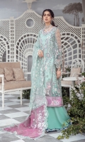 Presenting the breathtaking ' La'brise', inspired by the modern era this design embodies a mint green tulle base with exquisite color pallete layered with silver tilla and hand work. It's is finished with a lavender satin border and is styled with an embroidered dupatta with foil pallu.