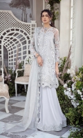 With winters comes the dusky grey 'le Voile'. Flamboyant paneled organza shirt featuring a blend of florals and Egyptian elements beautifully handworked with pearls and swarovskis. It is paired with a lush velvet flared pants and densely sprayed swarovskis dupata finished with an alluring embroidered border.