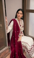 This Pearl white ensemble is vivified with a beautiful self-coloured and maroon embroidery on the front. The embroidered Daman is adorned with exquisite laser cut. Paired with straight-cut monotone pants and embroidered wool shawl adding a touch of feminine grace to this chic ensemble.