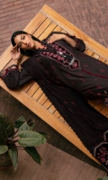 Midnight black front open jacket layered with floral intricate embroidery in hues of pink on its daman. Paired with embroidered wool shawl accompanied with detailed straight cut monotone pants, this look is truly timeless.