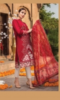 LAWN EMBROIDERED FRONT LAWN EMBROIDERED BACK LAWN EMBROIDERED SLEEVES ORGANZA EMBROIDERED BORDER FOR FRONT AND BACK ORGANZA EMBROIDERED BORDER FOR SLEEVES NET EMBROIDERED DUPATTA NET EMBROIDERED PALLU FOR DUPATTA PLAIN TROUSER