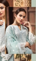 LAWN EMBROIDERED FRONT LAWN EMBROIDERED BACK LAWN EMBROIDERED SLEEVES ORGANZA EMBROIDERED BORDER FOR FRONT ORGANZA EMBROIDERED BORDER FOR BACK ORGANZA EMBROIDERED BORDER FOR SLEEVES POLY NET EMBROIDERED DUPATTA PLAIN TROUSER       