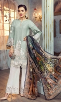 Lawn Embroidered Front  Lawn Embroidered back  lawn Plain sleeves Organza embroidered border for front Organza embroidered border for back Organza embroidered border for sleeves Lawn printed facing Pure tissue silk printed dupatta  Organza embroidered border for trouser Plain trouser 