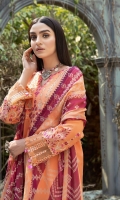 Dull Silk Embroidered front   Dull silk Embroidered neckline Dull Silk plain Back  Dull Silk Embroidered Sleeves     Organza embroidered border for front      Organza Embroidered Border For Sleeves Chiffon Digital Printed Dupatta Dull Silk Dyed Trouser      