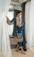 CHIFFON EMBROIDERED FRONT (CENTER PANEL) 0.25 YARD CHIFFON EMBROIDERED FRONT (SIDE PANELS) 2 PCS CHIFFON EMBROIDERED BACK (CENTER PANEL) 0.25 YARD CHIFFON EMBROIDERED BACK (SIDE PANELS) 2 PCS CHIFFON EMBROIDERED SLEEVES 0.75 YARD CHIFFON EMBROIDERED DUPATTA 2.75 YARD DYED RAW SILK TROUSER 2.5 YARD  ACCESSORIES EMBROIDERED ORGANZA BORDER 3.5 YARD