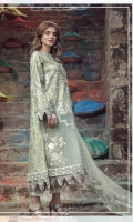 Embroidered front on screen printed slub lawn  Screen printed back on slub lawn  Embroidered sleeves on screen printed slub lawn  Embroidered border on organza  Screen printed trouser  Embroidered dyed organza dupatta  Embroidered pallu patch on organza