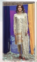 Embroidered front on digital printed slub lawn  Digital printed back on slub lawn  Embroidered sleeves on digital printed slub lawn  Embroidered border on organza  Embroidered Chiffon dupatta with embroidered borders  Embroidered trouser  Embroidered border for trouser