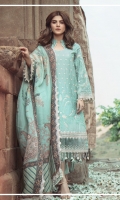 Embroidered front on dyed slub lawn  Embroidered back on dyed slub lawn  Embroidered sleeves on dyed slub lawn  Embroidered border on organza  Digital printed trouser with embroidered border  Digital printed dupatta