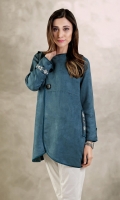 Suede contemporary jacket styled tunic along with side pockets and silk finishing. Round neck with wooden buttons and embroidery on shoulders, pockets and sleeve flaps.