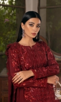 Schiffli Embroidered Bamber Chiffon Front  Embroidered Bamber Chiffon Back  Sequin Embroidered Bamber Chiffon Sleeves  Front Sequin Embroidered Patches For The Neckline  Fully Thread and Sequin Embroidered  Bamber Chiffon Dupatta  Dyed Raw Silk Trouser