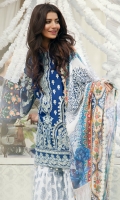 EMBROIDERED LAWN FRONT : 1.25 MTR EMBROIDERED LAWN BACK : 1.25 MTR EMBROIDERED CHIFFON SLEEVES : 0.65 MTR PRINTED CAMBRIC TROUSER : 2.5 MTR PRINTED CHIFFON DUPATTA : 2.5 MTR ACCESSORIES  EMBROIDERED ORGANZA BORDER : 1 MTR