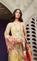 . Embroidered Net Front 1.25meters . Embroidered Net Back 1.25meters . Embroidered Net Sleeves 0.75meter . Jacquard Trouser 2.5meters . Digital PrintedZari Jacquard Dupatta 2.5meters  ACCESORIES  . Embroidered + Embellished Neckline for shirt 1 . Patchwork Border 1meter . Embroidered Organza Border For sleeves 1.25meters . Viscose silk lining for shirt 2.5meters