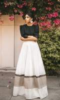 Lawn bodice in black with structured puffy shouldered sleeves and hand spun karandi organza flare comes paired with a cotton lehenga underneath.