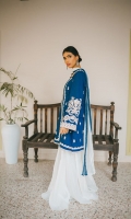 Ocean blue jacket with ivory silk thread embroidery on the sleeves, front and back. Lawn cotton lining , and gharara with tie dyed chiffon dupatta in blue and white .