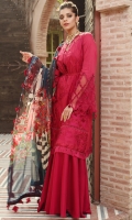 PRINTED CHIFFON DUPATTA: 2.5MTR EMBROIDERED LAWN FRONT: 1.25MTR DYED LAWN BACK: 1.25MTR DYED SLEEVES: 0.65 MTR DYED CAMBRIC TROUSER: 2.5MTR Accessories EMBROIDERED SEQUENCE FRONT BORDER: 1MTR EMBROIDERED SLEEVE BORDER: 1MTR