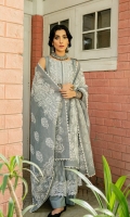 DYED FRONT (JACQUARD) 1.25 METERS  DYED BACK (JACQUARD) 1.25 METERS  DYED SLEEVES (JACQUARD) 0.75 METER  EMBOSS PASTE PRINTED DUPATTA (SLUB KARANDI) 2.5 METERS  DYED TROUSER (CAMBRIC) 2.5 METERS  ACCESSORIES  EMBROIDERED NECKLINE (ORGANZA)  EMBROIDERED BORDERS FOR FRONT (ORGANZA) 1 METERS  EMBROIDERED BORDERS FOR SLEEVES (ORGANZA) 1 METERS