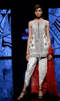 Printed shirt with white cotton scalloped tulip shalwar and a red zari cotton net dupatta.