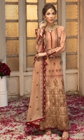 Embroidered chiffon front with hand work Embroidered chiffon side panels Plain chiffon back Embroidered chiffon sleeves  Embroidered chiffon attachment laces Embroidered chiffon dupatta Raw silk trouser