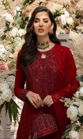 Embroidered Chiffon Front with Handwork Embroidered Chiffon Side Panels Embroidered Border  Plain Chiffon Back  Embroidered Chiffon Sleeves  Embroidered border for sleeves  Chiffon Embroidered Dupatta with Lace patti Dyed Raw Silk Trouser 