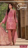 *Shirt : Swiss Voile - Full Embroidered Front.  *Dupatta : Chiffon - Full Embroidered.  *Trouser : Cambric with Embroidered Bunch/Belts