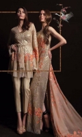 Biscuit base and dull gold sequence embroidered front on poly net with a bold floral pattern in peach and orange. A delicate geometric design in sequence embroidered on back with heavily embroidered sleeves and a fully embroidered floral running border on a 100% pure chiffon dupatta with a plain shalwar and slip.