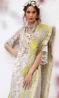 Bold period style floral in muted gold embroidered with cord and zari on front,back and sleeves, and a lime green satin embroidered border paired with a slip and an Indian raw silk trouser accentuated with a fresh lime green floral resham embroidered dupatta.