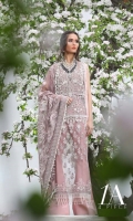 Beautiful Tea Pink resham and badla traditional embroidered shirt front, back and sleeves on poly net along with hand embroidered pearl body provided with a slip and an Indian raw silk trouser fabric paired with an embroidered net dupatta.