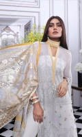 Shirt Front Smoky Georgette with EMB: 1.27 Meters Shirt Back Smoky Georgette Digital Print: 1.27 Meters Sleeves Smoky Georgette with EMB: 1.37 Meters Poly Net Foil Print Dupatta: 2.50 Meters Dyed PK Raw Silk Shalwar: 2.50 Meters Tissue EMB Daman Border: 1 Meter Tissue EMB neck Border: 1 Meter Dyed Cotton Slip Fabric: 2.3 Meter