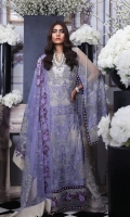 Shirt Front Poly Net With EMB: 1.07 Meters Shirt Back Poly Net With EMB: 1.07 Meters Front + Back Body Part Poly Net With EMB: .57 Meter Sleeves Poly Net With EMB: 1.37 Meters Dupatta Poly Net With EMB: 2.7 Meters Dyed PK Raw Silk Shalwar: 2.50 Meters Dyed Staple Cotton Slip Fabric: 2.50 Meters Tissue Neck Cord EMB Border: 1 Meter Tissue EMB Border: 1 Meter
