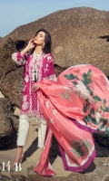 Embroidered Lawn Shirt Front - 1.25 Meter Printed Lawn Shirt Back - 1.25 Meter Printed Lawn Sleeves - 0.65 Meter Cutwork border for Sleeves - 1 Meter Digital Printed Silk Dupatta - 2.5 Meter Dyed Cotton Trouser - 2.5 Meter.