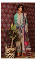 Digitally printed front on lawn: 1.25m Digitally printed back on lawn: 1.25m Digitally printed sleeves on lawn: 0.65m  Embroidered neckline on organza Printed pants: 2.5m Digitally printed Dupatta on lawn: 2.5m