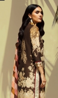 Printed front on LAWN: 1.15m Printed back on LAWN: 1.15m Printed sleeves on LAWN: 0.6m Printed Dupatta on silver chiffon: 2.4m Embroidery neckline on organza Printed cotton shalwar: 2.4mes.
