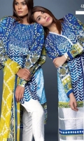 White and iznik blue kameez offset with lime green with a Turkish pattern inspired design. Silk thread detailing in modern ikkat chevron print. Paired with a chiffon blend duppata in geometric and floral print. 