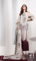 Embroidery front with print: 1 .25m Printed back: 1.25m Printed sleeves: 0.65m Embroidery neck line Printed cotton pants: 2.5m Printed jacquard Dupattas: 2.5m