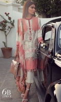 A shell pink and cream color-blocked printed lawn shirt with hints of rose gold. A fusion of floral sprays and French swirls with floral embroidered bunches on organza. Complemented with a cubic dupatta in shell pink and cream.