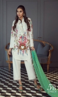 A cream color-blocked digital-print lawn shirt with a fusion of French florals and an embroidered neck on organza. Complemented by a diagonal striped dupatta in shades of green.