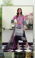 An orchid, black and cream digital-print lawn shirt with a fusion of French lace and chrysanthemums. Complemented by a bold geometric design printed chiffon dupatta. 
