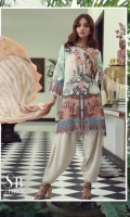 A mint, peach and cream color-blocked digital-print lawn shirt with a fusion of Indian chintz and Chinese flowers. Floral embroidered patches on organza and complemented by a Mughal inspired striped print chiffon dupatta.