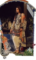 A Mehndi green and peach color-blocked digital-print lawn shirt with a Chinese disc design fusion with chevron. An embroidered neck is complemented by a digital print chiffon dupatta and dyed pants.