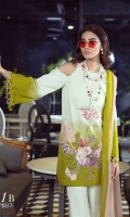 A lime and cream lawn shirt with an ombre’ print accentuated with a fusion of orchid flowers and ferns embroidered on organza. Complemented by a dotted soft pink dupatta and dyed pants.