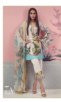 A sky blue and cream color-blocked digitally-printed lawn shirt with a fusion of florals and French ornaments. Floral embroidered bunches on organza complemented by a floral dupatta in stony beige.