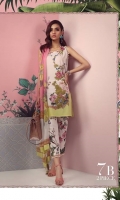 A lemon and cream color-blocked digitally-printed lawn shirt with a fusion of florals and French ornaments. Floral embroidered bunches on organza complemented by a floral dupatta in soft pink.