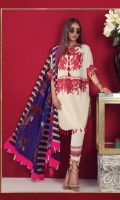 A cream and maroon lawn shirt with an embroidered front and printed back and sleeves. A fusion of French lace and florals in print and embroidery, complemented with an electric-blue bold floral and stripe edged printed chiffon dupatta and pants.
