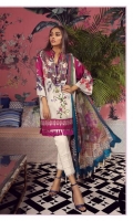 A magenta and cream color-blocked digital-print lawn shirt with a fusion of orchids and Kashmiri print design and a floral embroidered patch on organza. Complemented by a Mughal inspired digital-print chiffon dupatta with pants.