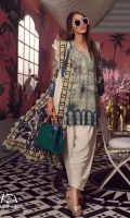 A moss green and teal printed shirt with a fusion of Mughal floral motifs and arches. Complemented by a cream and teal printed lawn dupatta and dyed pants.