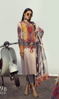 A peach and mustard color-blocked digitally-printed lawn shirt with a fusion of florals and Kashmiri elements. Complemented with a bold geometric dupatta and diagonally striped pants.