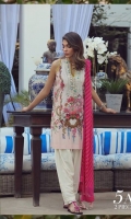 A soft pink and cream color-blocked digital-print lawn shirt with a fusion of French florals and an embroidered neck on organza. Complemented by a diagonal striped dupatta in shades of pink.