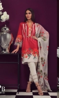 A deep-red and cream digital-print lawn shirt with a fusion of geometric and floral trellis patterns and an embroidered border on organza. Complemented by an embroidered Indian motif on a net dupatta. 