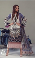A Cream and French-blue color-blocked digital-print lawn shirt with a Chinese disc design fusion with chevron. An embroidered neck is complemented by a digital print chiffon dupatta and dyed pants.
