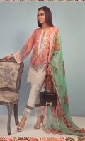A peach and white color-blocked digitally printed lawn shirt with a fusion of Hibiscus Flowers and Kashmiri elements and a floral embroidered neck on organza and border. Complemented by a floral dupatta in mint with printed pants.